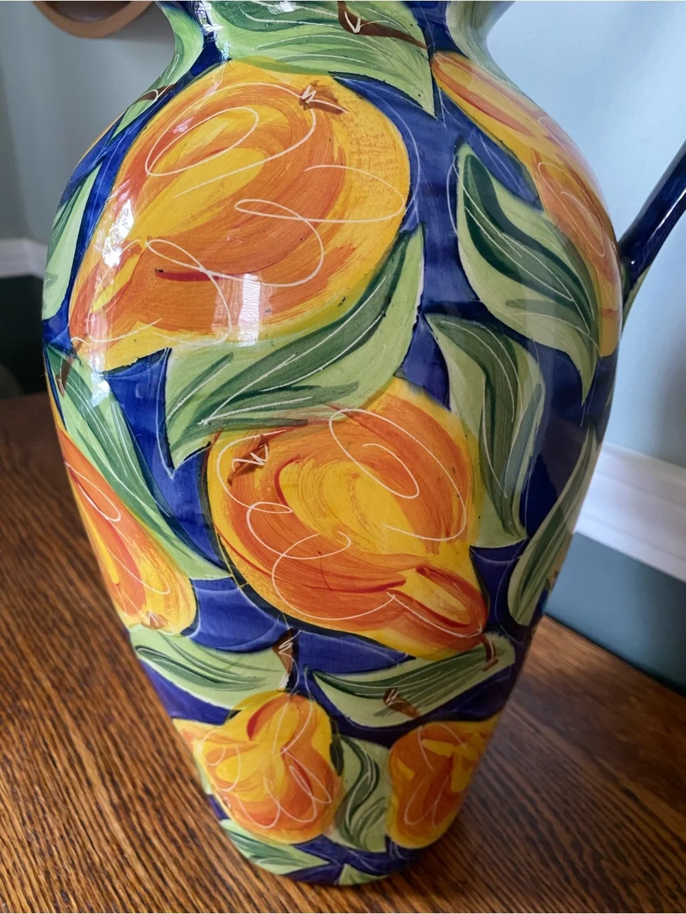Vintage 90s Large Hand Painted Ceramic Vase / Jug Fruit Motif Blue Orange